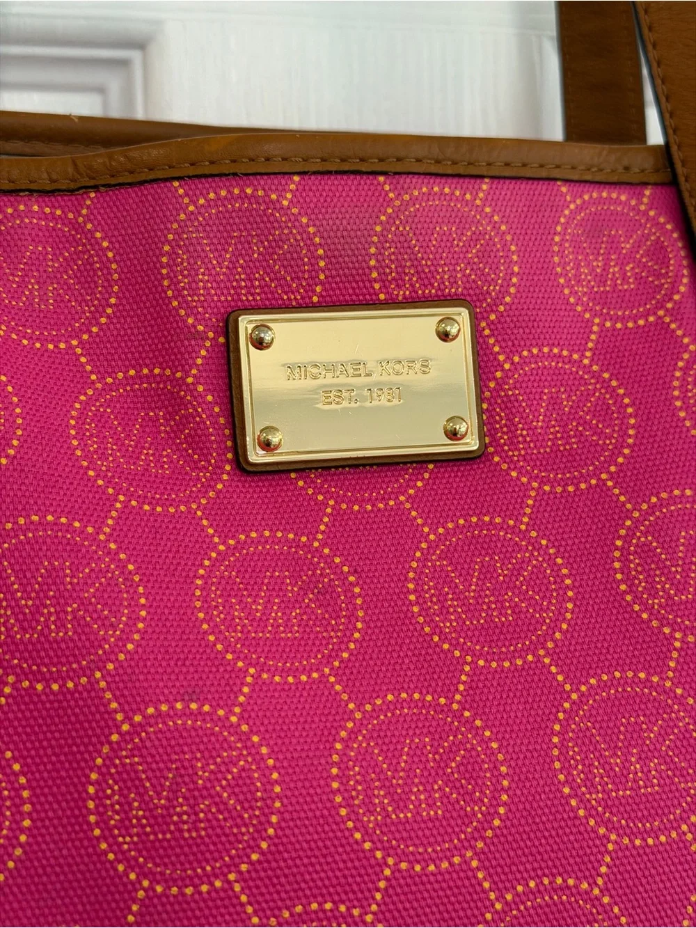 Michael Kors Hot Pink Logo Jacquard Tote with Brown Leather Straps